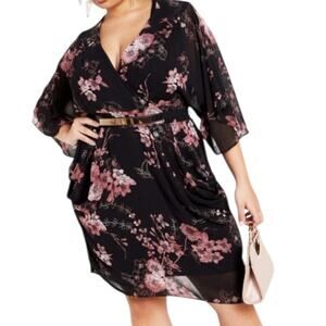 City Chic Black Floral Mini Dress with Pink Accents